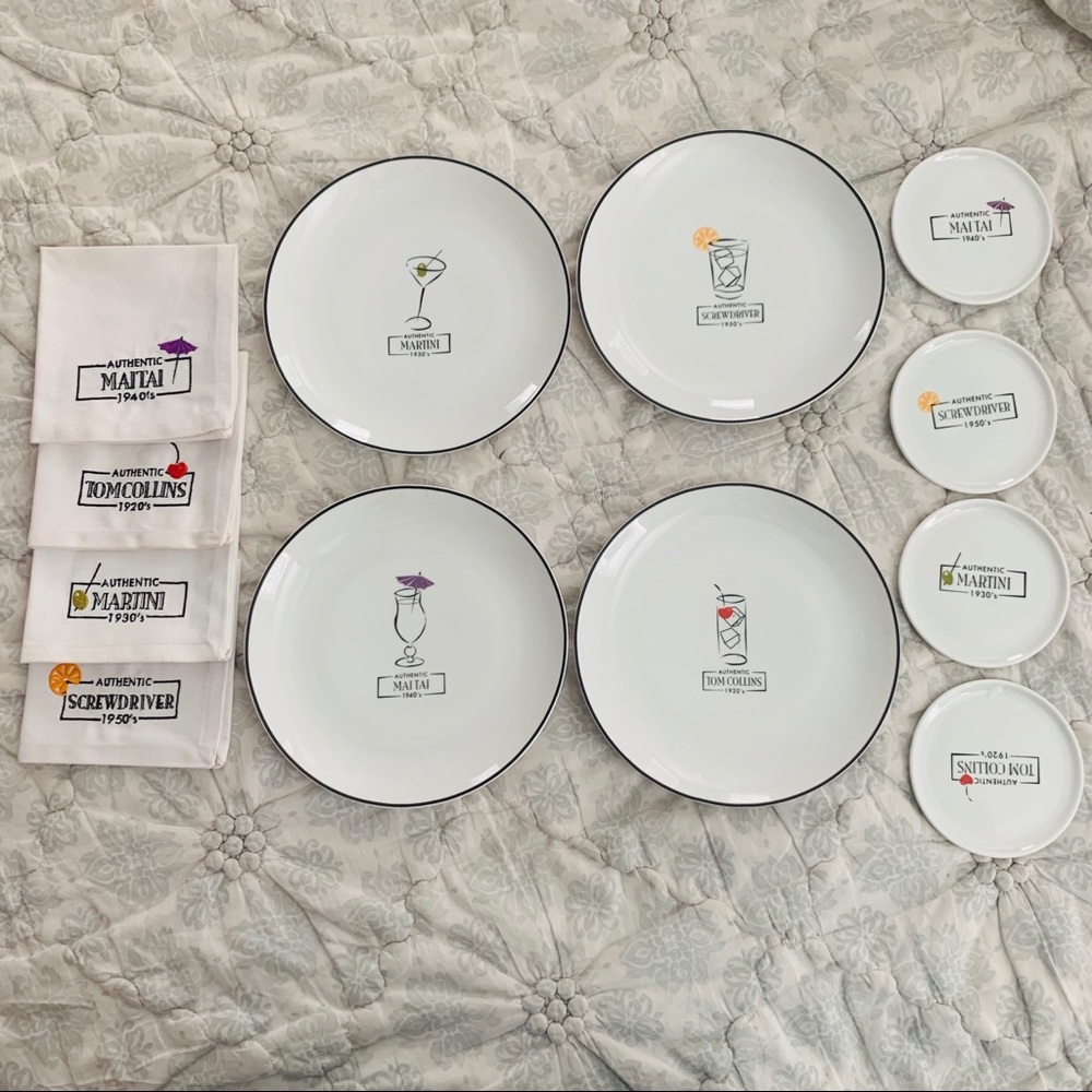 Set of 4 Cocktail Plates, Coasters and Napkins